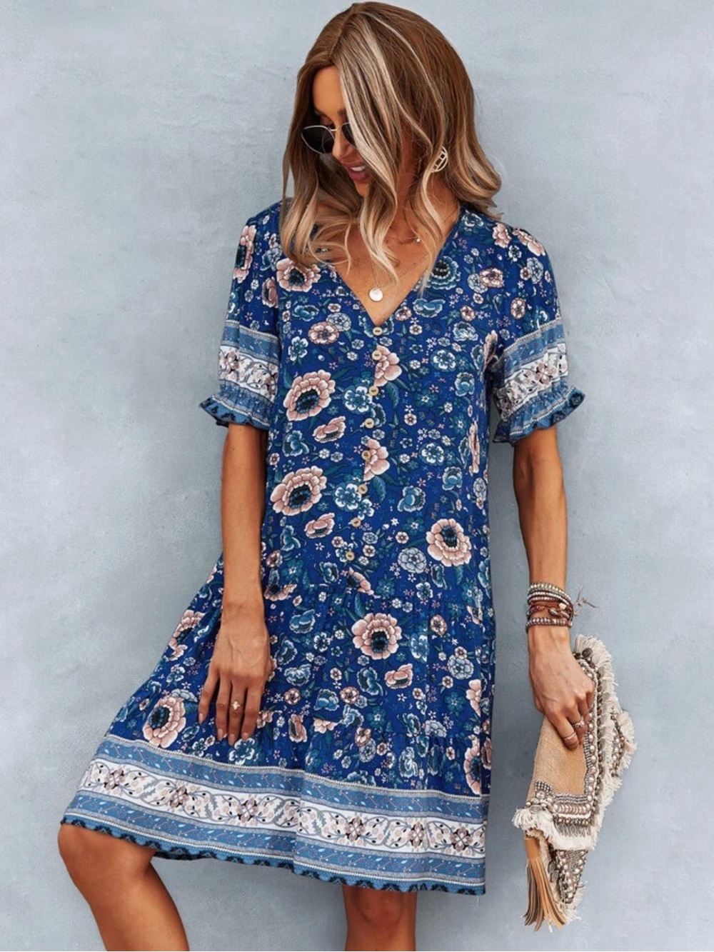 SHEIN Blue Floral Boho Mini Dress XL V Neck Ruffle Sleeve